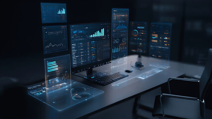 Futuristic data analytics workstation with multiple holographic dashboards and digital UI displays