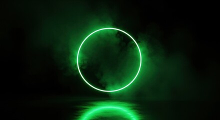 Green neon circle with smoke reflection on dark background. Abstract geometric shape. Backlit digital portal for modern design concept.