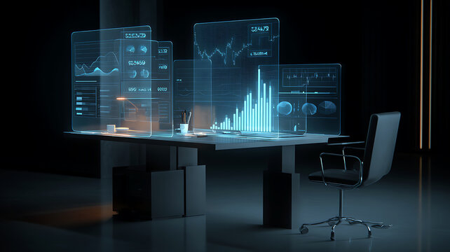 Futuristic data analytics workstation with multiple holographic dashboards and digital UI displays