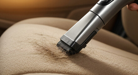 Vacuuming car fabric seat to remove pet hair and debris with vacuum cleaner and copy space