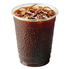 Coffee served cold and drizzled with whipped cream in a plastic glass, isolated on a white surface