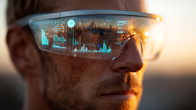 Man wearing AR smart glasses analyzing real-time stock market charts and financial data display - Powered by Adobe
