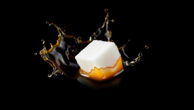 A single sugar cube dissolving in hot coffee, creating a dynamic splash and splatter against a stark black background,  liquid,  hot