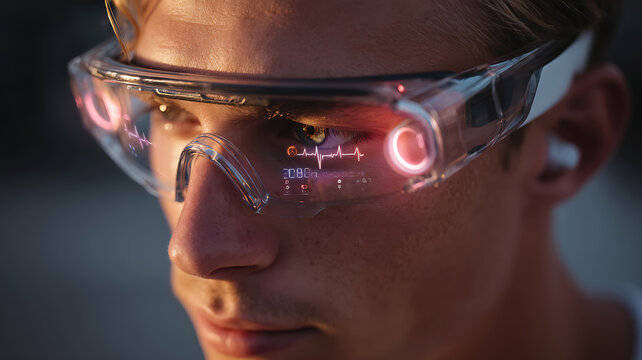 Man wearing AR smart glasses analyzing real-time stock market charts and financial data display