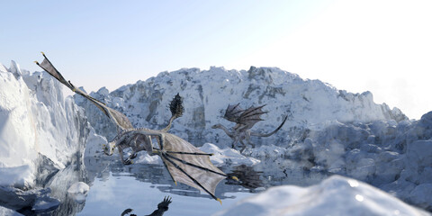 Two white skinny dragons soaring above a lake in the mountains that are covered in snow and ice. 3D illustration of a fantasy landscape. 
