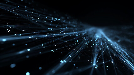 Blue glowing lines and particles forming abstract digital network on dark background, tech stream