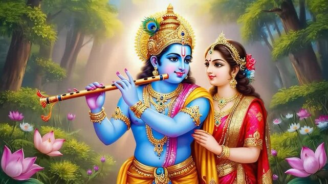 Hindu deities Lord Krishna playing flute amidst blooming lotuses in serene forest setting