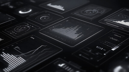 Minimal black futuristic dashboard UI with white line charts, data visualizations and infographics