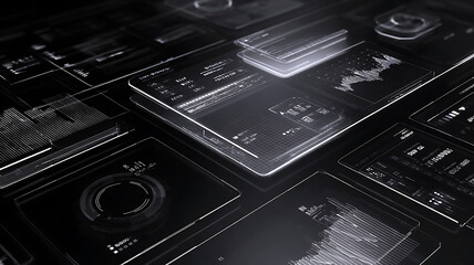 Minimal black futuristic dashboard UI with white line charts, data visualizations and infographics