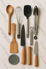 A neat arrangement of essential kitchen tools on a marble countertop, ready for cooking.