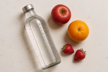 Fresh fruit and a glass water bottle create a healthy and refreshing visual