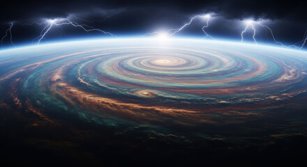 Fototapeta premium A swirling storm system with lightning strikes above the earth's atmosphere and dark sky view