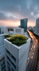Fototapeta premium Modern Cityscape with Planter on Building at Sunset