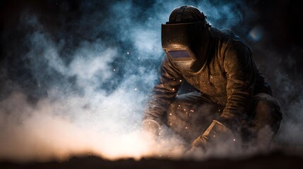 Fototapeta premium A welder in protective gear kneeling amid sparks and low warm lighting