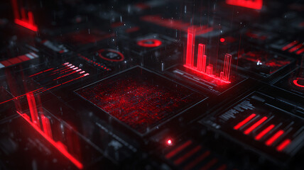 Futuristic red digital dashboard UI with global map, data analytics and infographics on dark screen