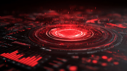 Fototapeta premium Futuristic red digital dashboard UI with global map, data analytics and infographics on dark screen