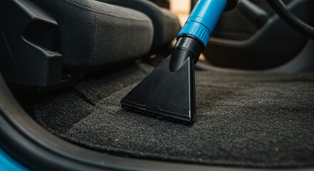 Car interior cleaning with vacuum cleaner, focused and detailed view