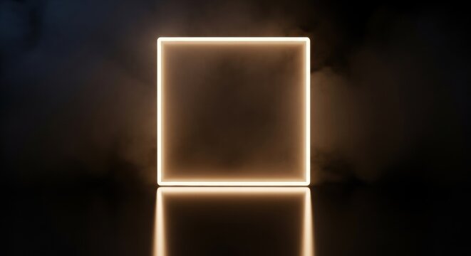 Glowing square frames light up a dark, smoky room, with reflections on the floor. Perfect for technology and abstract design.