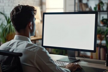 Detailed Color Image of Handsome Businessman Working on Computer at His Workplace
