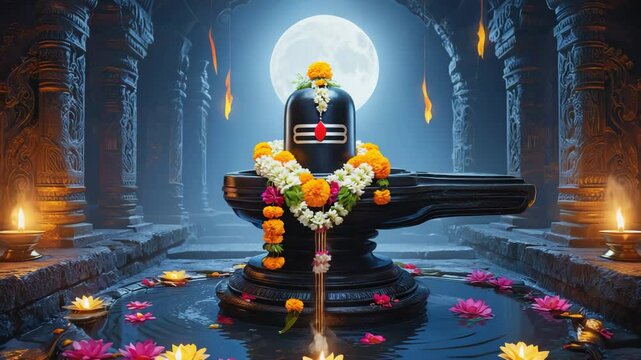 Hindu ritual at a shiva or siva lingam temple with offerings and full moon at night