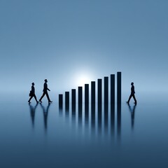 Silhouetted figures walking towards success.