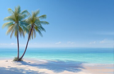 Fototapeta premium On a sunny day, a serene beach scene unfolds on a stunning island, where azure ocean water meets white sand and sways to the rhythm of palm trees
