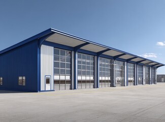 Under a clear sky, a modern industrial building is located in a parking lot, characterized by a large facility with many windows and a flat roof, with cars parked outside, conveying a sense of