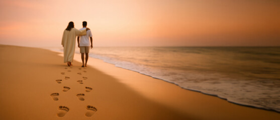 Jesus Walking with a Man at Sunset Leaving Footprints in the Sand Symbolic Journey with Jesus Along a Golden Beach Shoreline