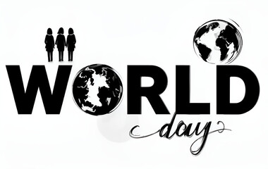 Black and white world day graphic with three figures and globe illustrations on a white background
