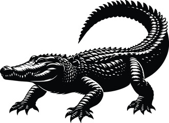Striking crocodile vector illustration, black & white reptile art on isolated white background