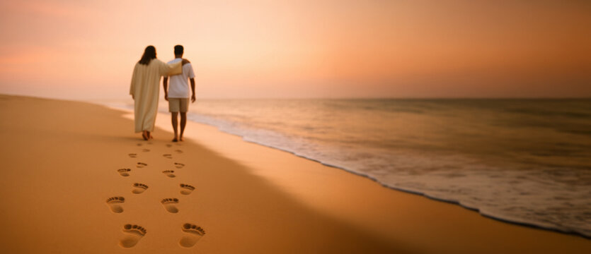 Jesus Walking with a Man at Sunset Leaving Footprints in the Sand  Symbolic Journey with Jesus Along a Golden Beach Shoreline