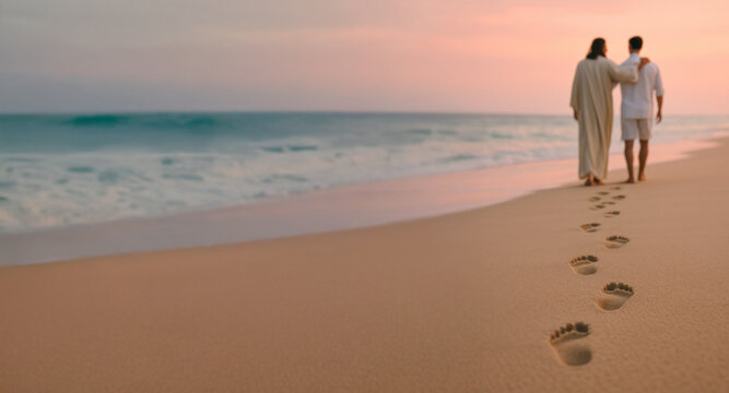 Footprints on the Beach with Jesus and a Man Walking Side by Side