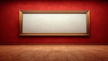 A lavish ornate frame with a gilded finish is displayed on a rich red wall at an art gallery or auction house, featuring a blank white area for mockup artwork and serving as a master visual for