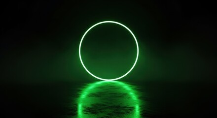 Neon glow ring reflecting on dark wet ground. Abstract geometric shape background for futuristic design and digital art.