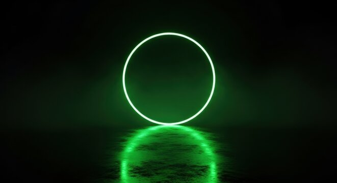 Neon glow ring reflecting on dark wet ground. Abstract geometric shape background for futuristic design and digital art.