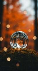 Ethereal Autumn Reflection Glass Sphere on Green Moss Reflecting Blurred Fall Forest Glowing OrangeWhite Bokeh Lights Magical Serene Scene