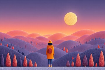 Serene sunset over colorful rolling hills.