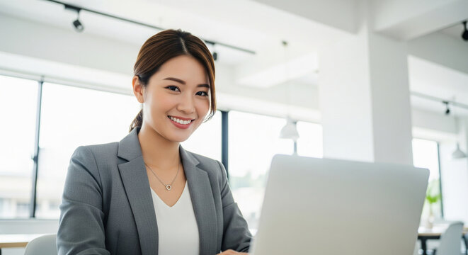 Smiling Asian businesswoman working on laptop in a bright modern office
