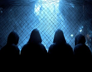 Behind the chainlink fence, shadowy figures embody the concept of captivity and human trafficking, symbolizing issues of crime and the pursuit of justice and freedom