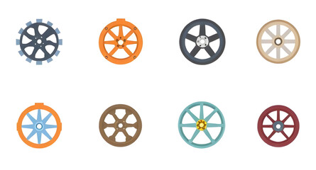 Set of wheels, Collection of wheels, Car wheels set, Wheel icons, Tire set, Wheels assortment, Spoked wheels, Alloy wheels set, Bicycle wheels, Truck wheels set, Vehicle wheels, Wheel pack, Rolling wh