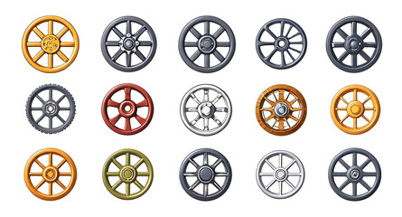 Set of wheels, Collection of wheels, Car wheels set, Wheel icons, Tire set, Wheels assortment, Spoked wheels, Alloy wheels set, Bicycle wheels, Truck wheels set, Vehicle wheels, Wheel pack, Rolling wh