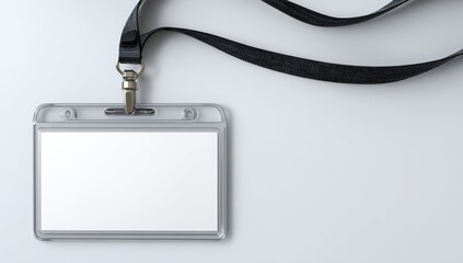 The concept of identification access security is illustrated through a vertical blank badge mockup, which includes an empty ID card in a transparent plastic holder with a black lanyard, all on a