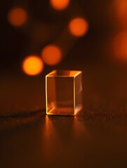 Golden cube light refraction abstract design geometric shape glow effect dark background art