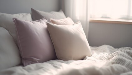 Luxury silk pillowcases with a soft and smooth texture adorn a white bed, showcasing pastel pink and cream colors that reflect a modern home decor concept focused on sleep and rest