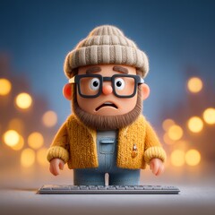 A cartoon character looking confused at a keyboard.