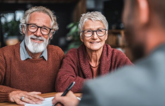 Within the cozy confines of their home office, a relieved couple proceeds to sign insurance forms, as the smiling woman and the gray-haired man carefully examine the documents, making responsible - Powered by Adobe