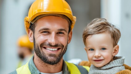 Father and son don construction worker uniforms and hard hats as they spend quality time together at a construction site, embodying the joy of childhood and fatherhood
