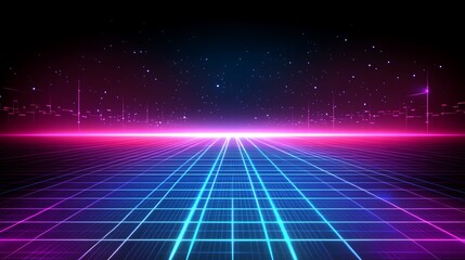 Futuristic cityscape grid, neon lights, retro