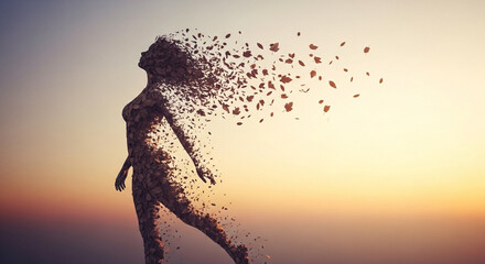 Ethereal Disintegration Female Figure in Profile Earthy Texture Partially Disintegrating into Particles Warm Muted Gradient Background SunriseSunset