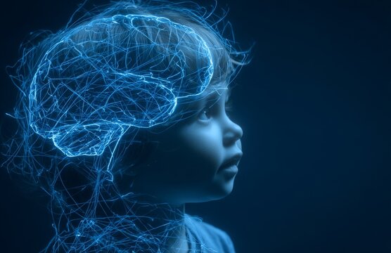A glowing blue neural network brain is showcased in the profile of a child, embodying the AI concept of brain neural connections and artificial intelligence, while also delving into cognitive